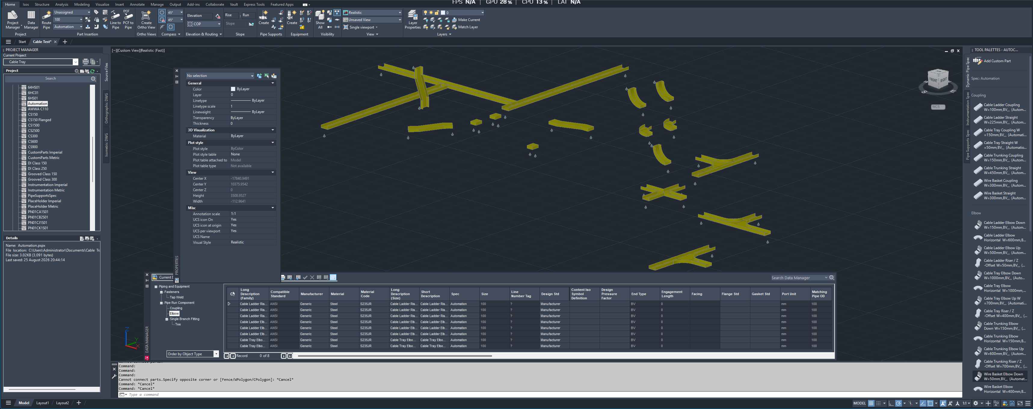 Cable tray fittings routed in AutoCAD Plant 3D using the AutomationHire pack