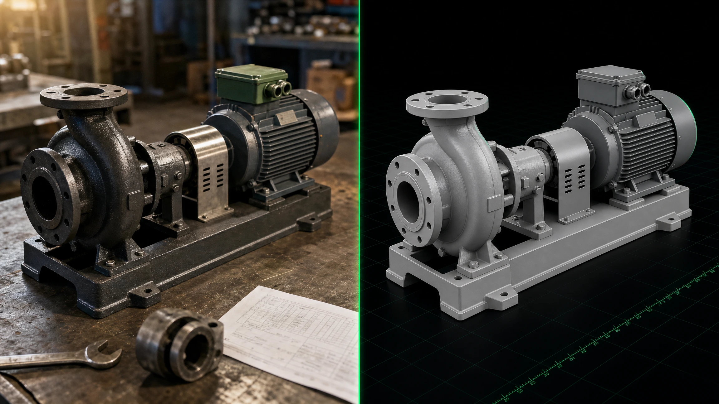Photograph and CAD render of a cast-iron centrifugal pump with an electric motor.