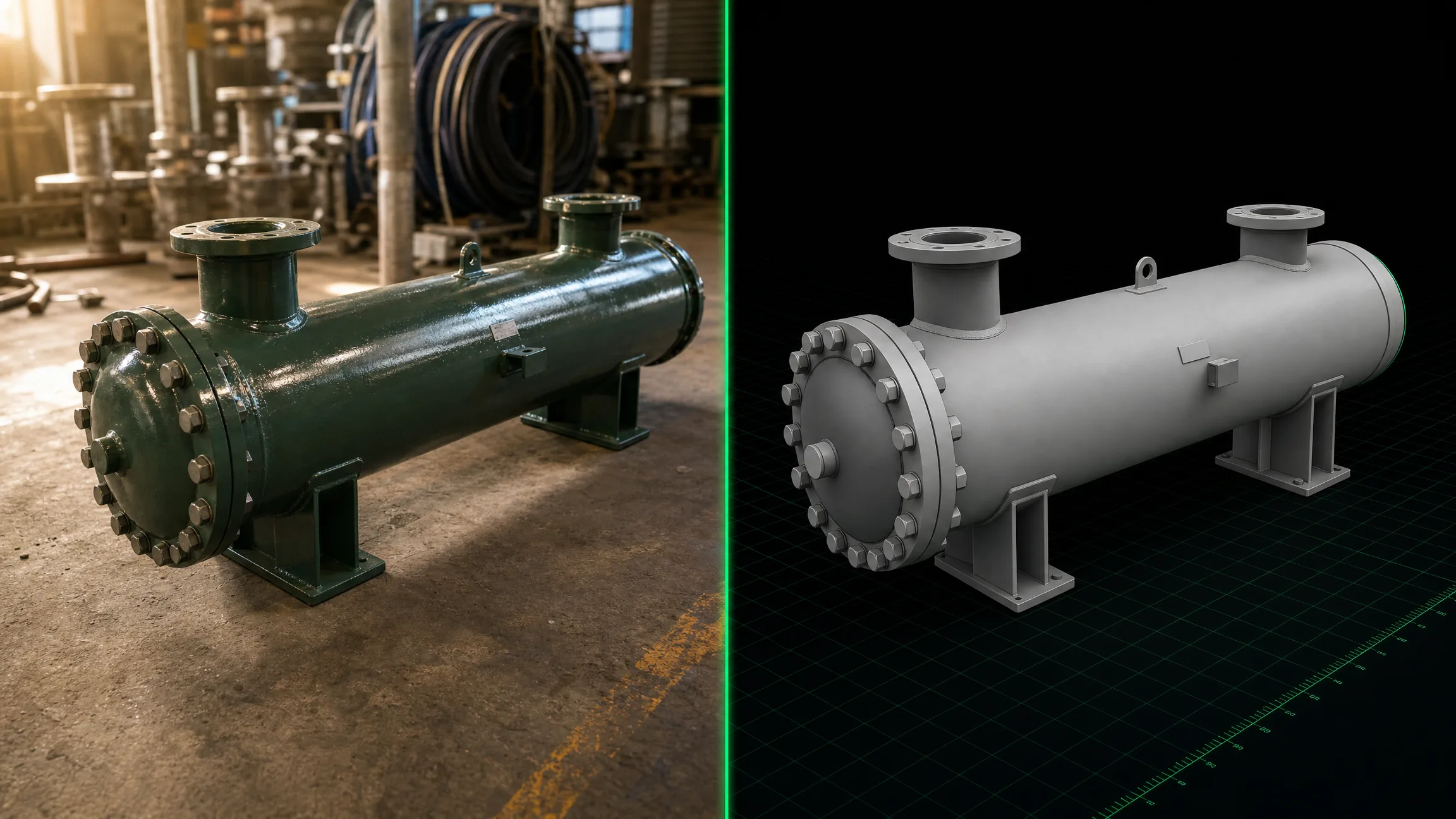 Photograph and CAD render of a shell-and-tube heat exchanger with bonnet head.