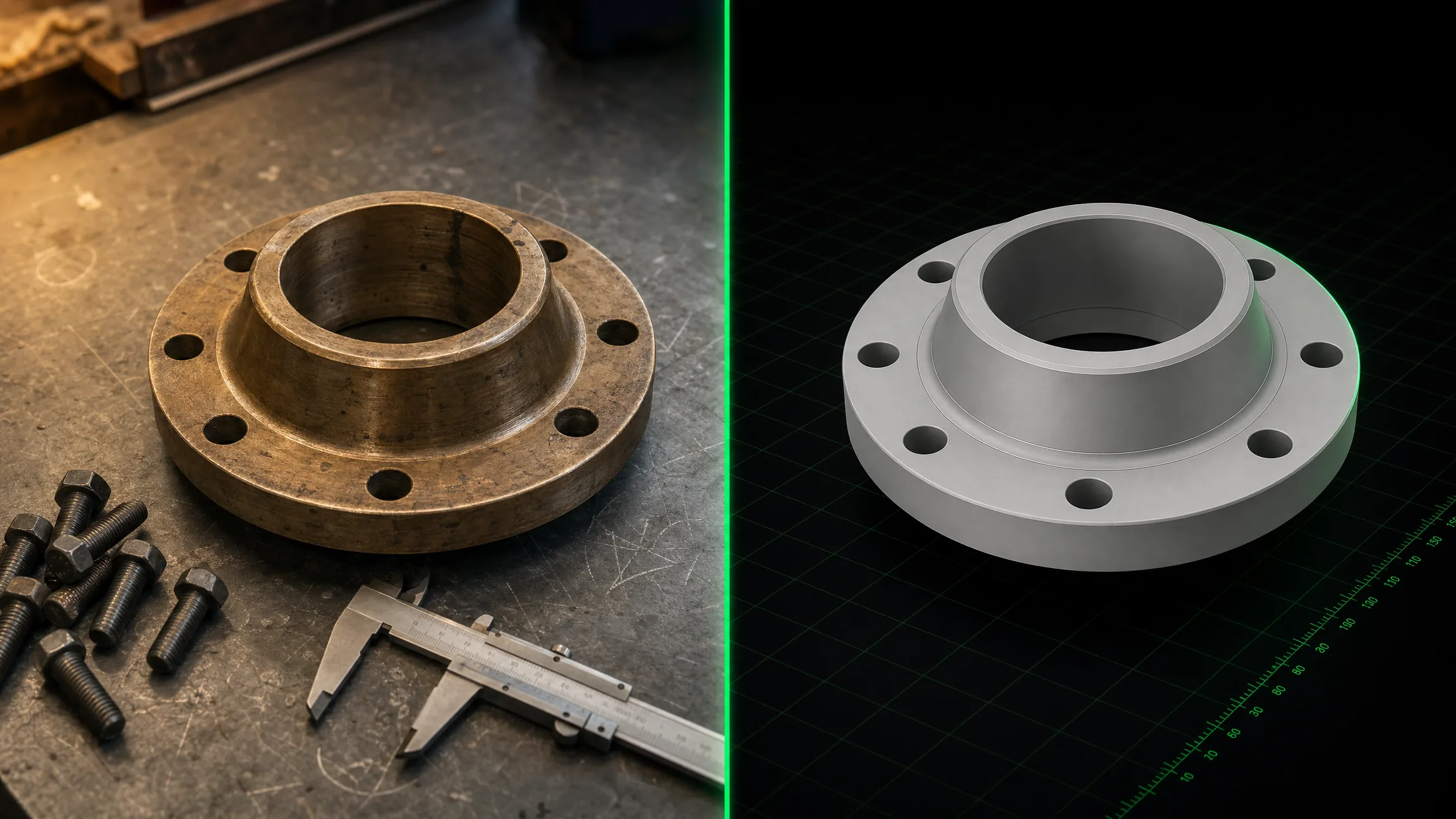 Photograph and CAD render of a bronze pipe flange.