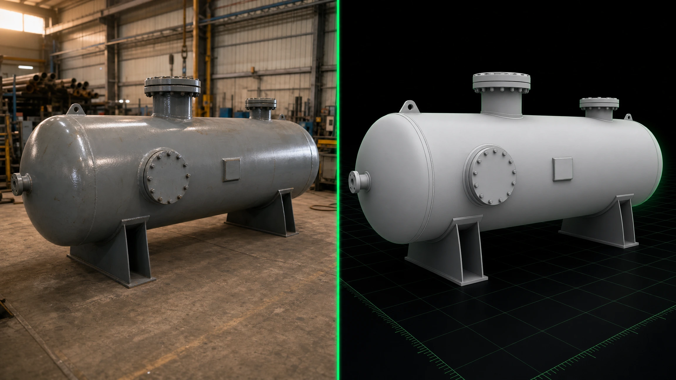 Photograph and CAD render of a horizontal ASME pressure vessel on saddle supports.