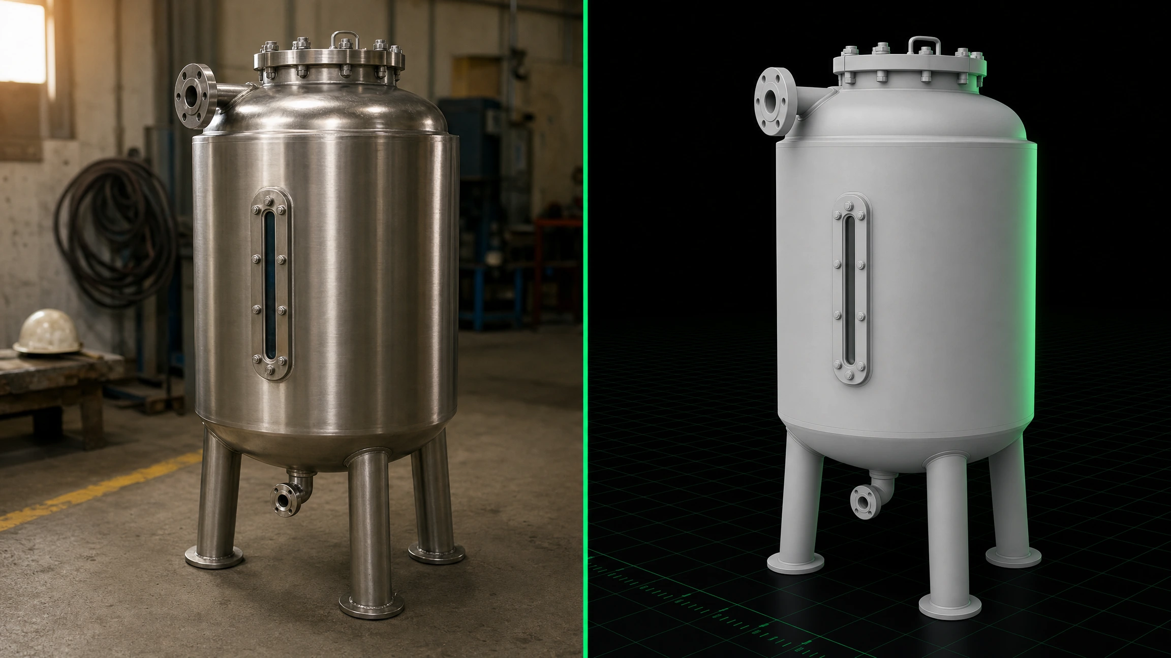 Photograph and CAD render of a stainless vertical storage tank.