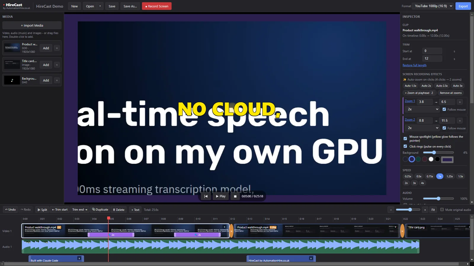 HireCast video editor with timeline, auto-zoom and captions