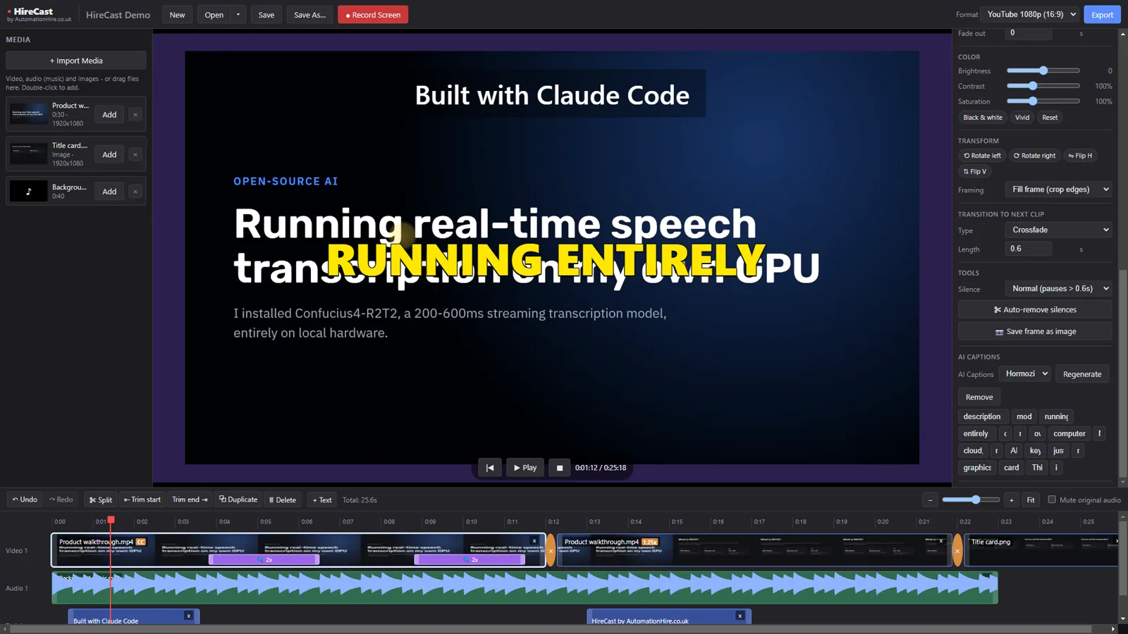 AI captions panel in HireCast