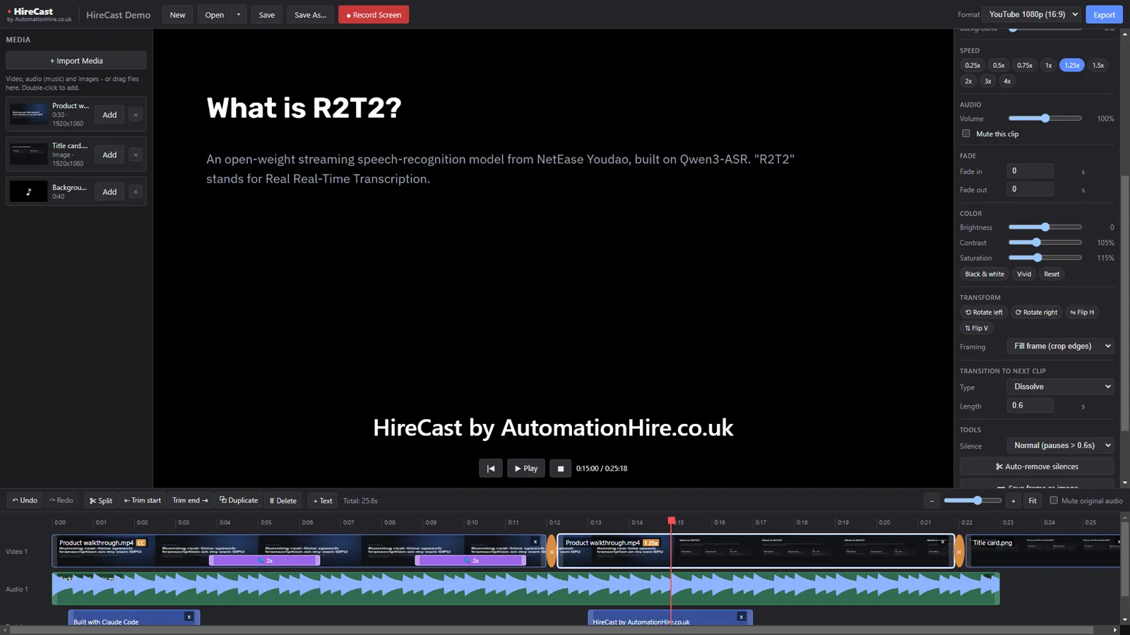 Clip inspector with colour, speed and transitions