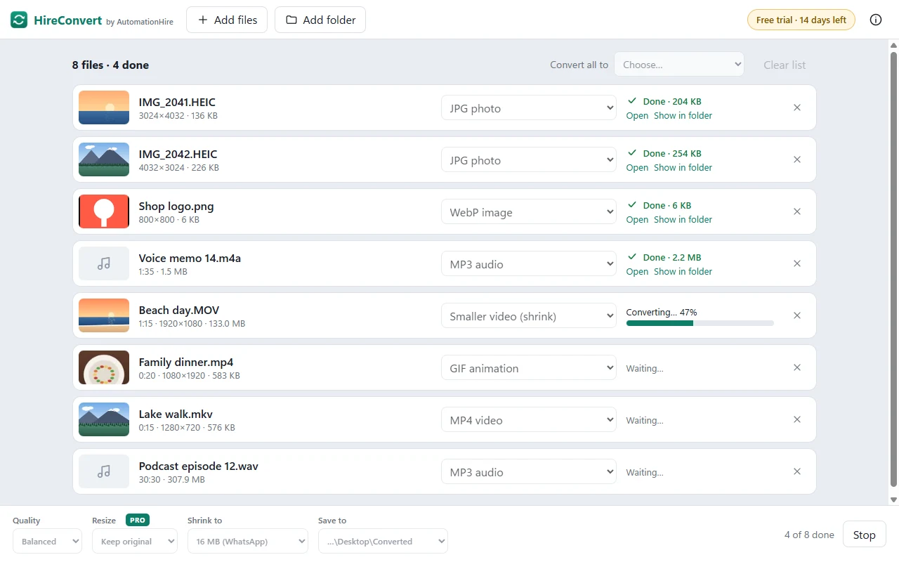 HireConvert Pro shrinking a video for WhatsApp