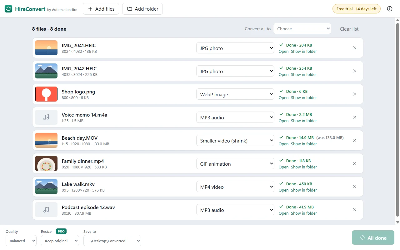 HireConvert after converting photos, videos and audio
