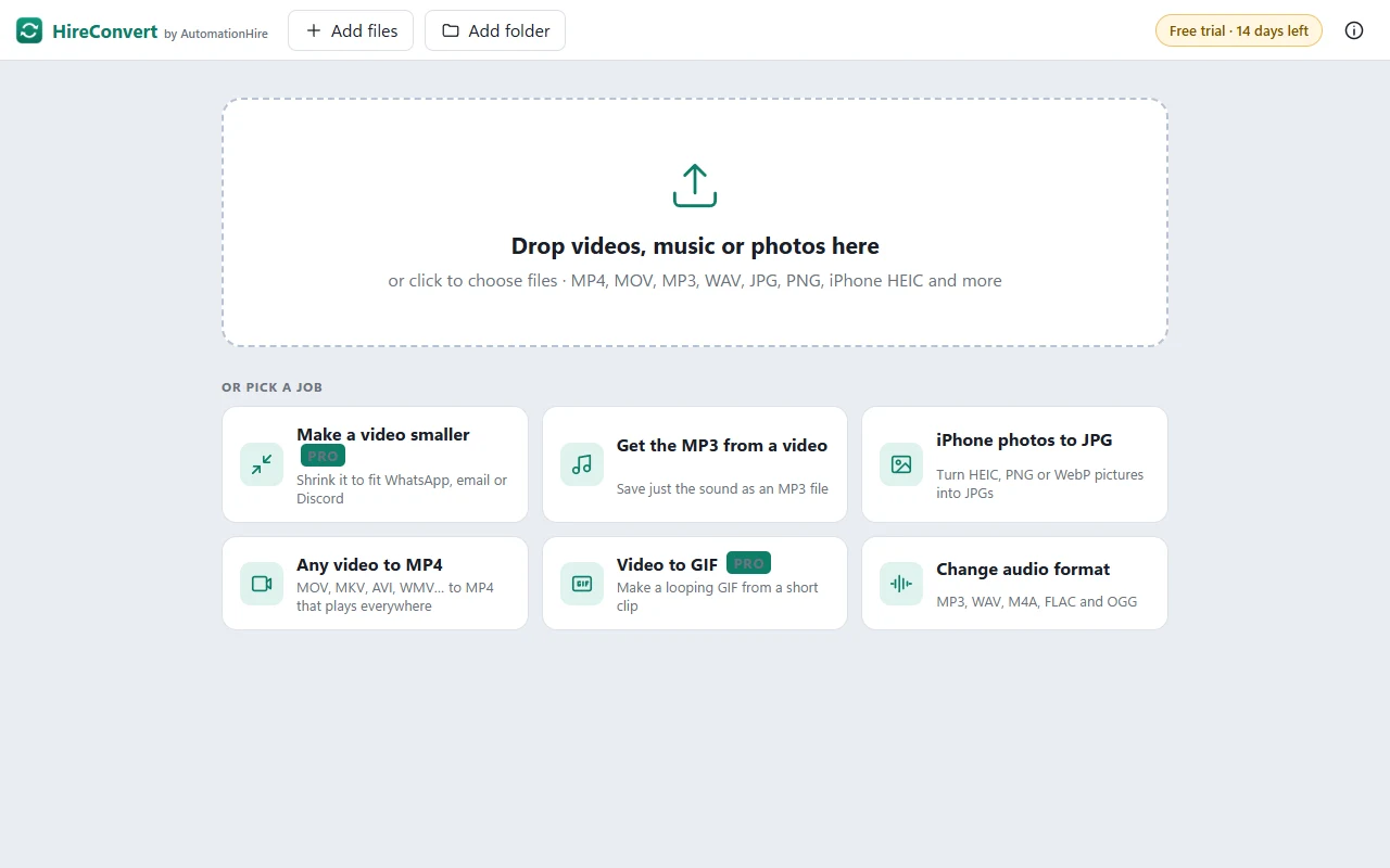 HireConvert start screen with one-click jobs