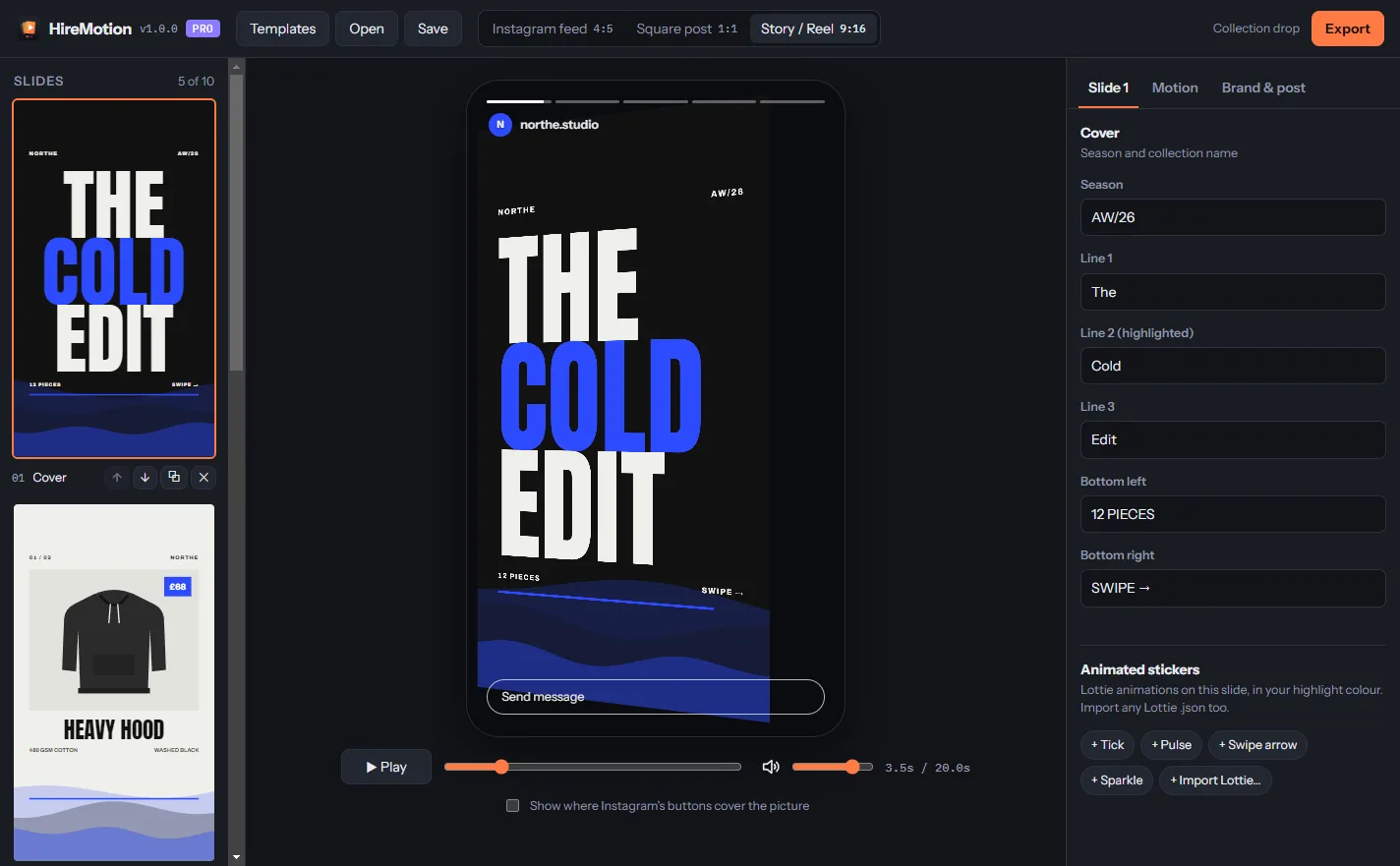 A 3D cube transition between two slides in the Story preview