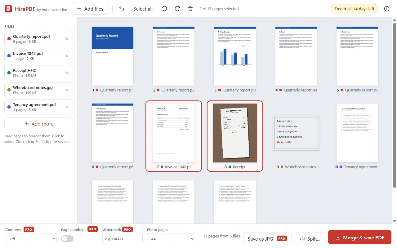 HirePDF merging PDFs and photos