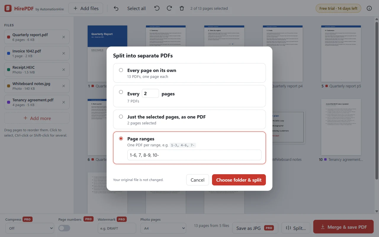 HirePDF split options