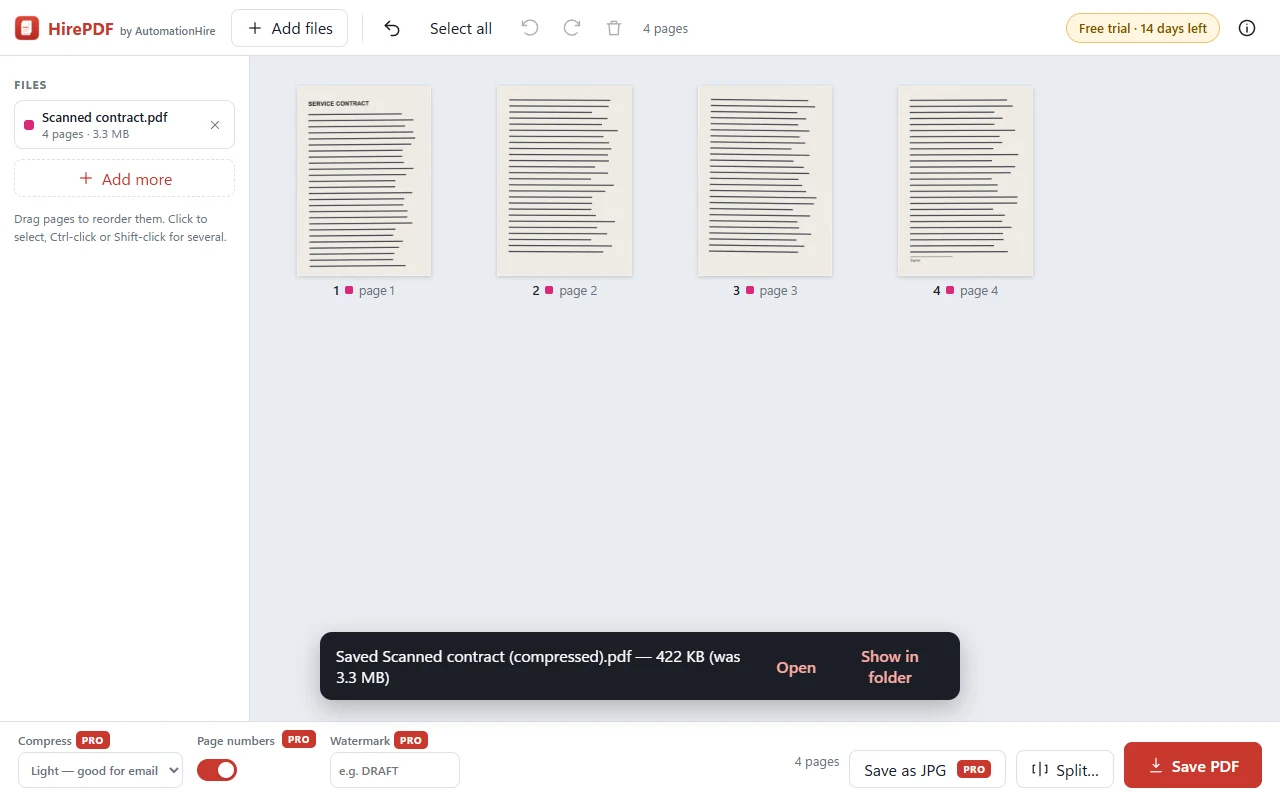 HirePDF Pro compressing a scanned contract