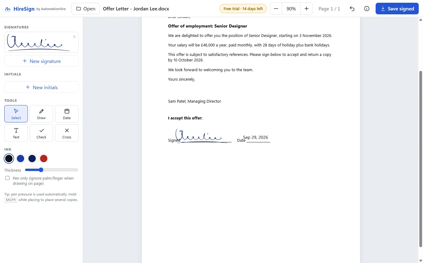 Signing a Word document in HireSign Pro