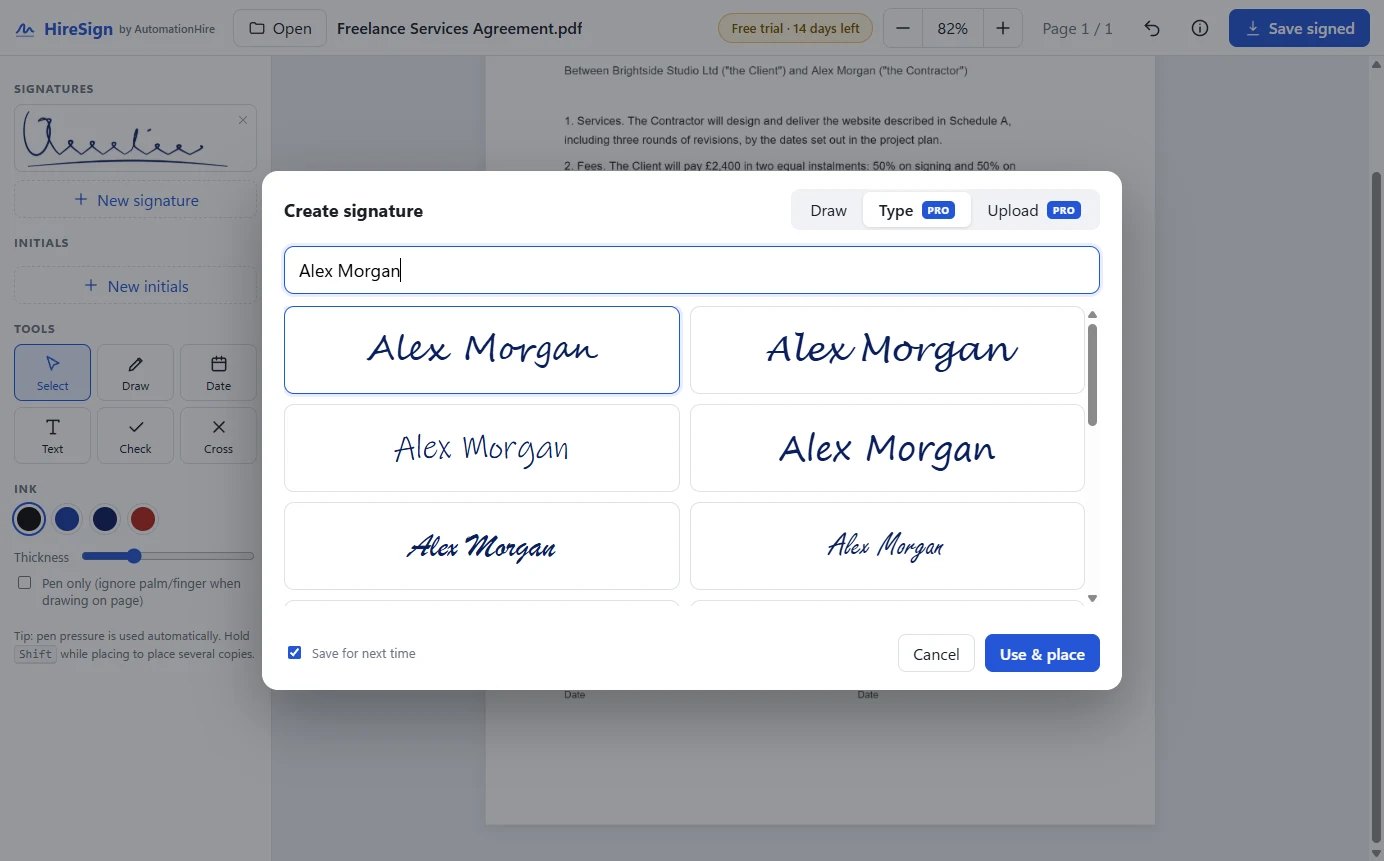 Typed signature styles in HireSign