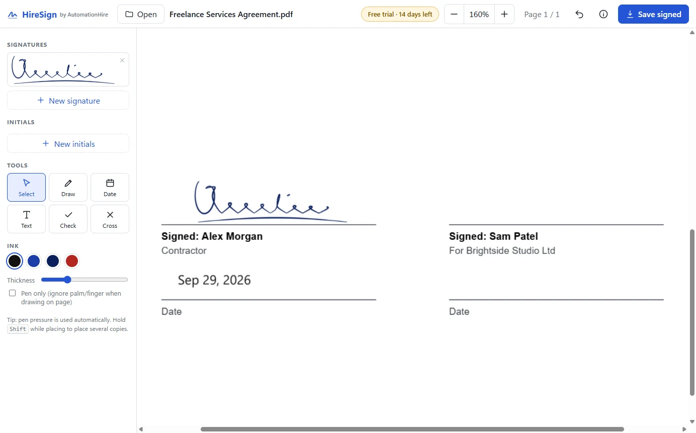 Close-up of a pen-pressure signature on a document